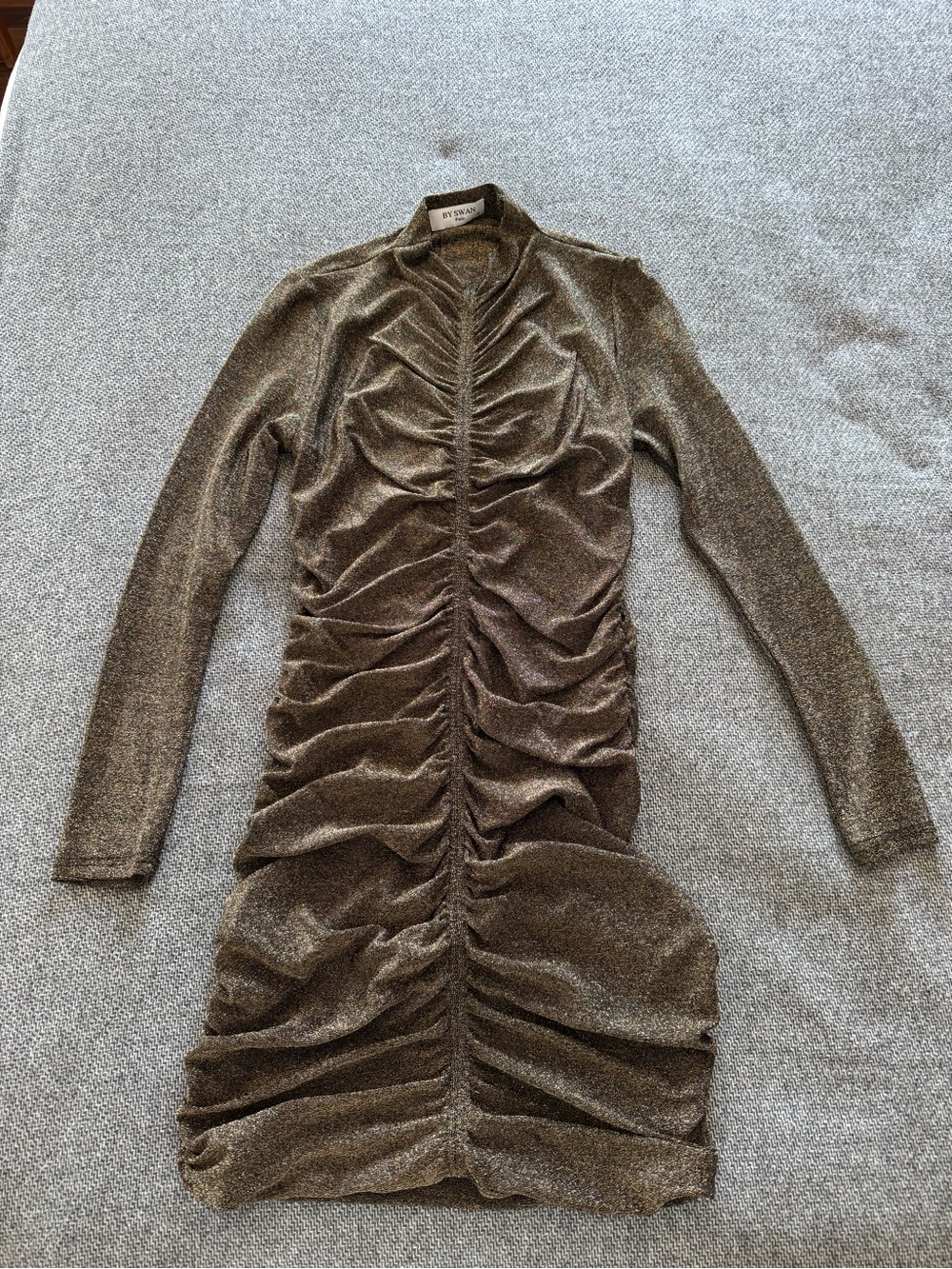 Long-Sleeve Metallic Ruched Mini Dress in Brown
